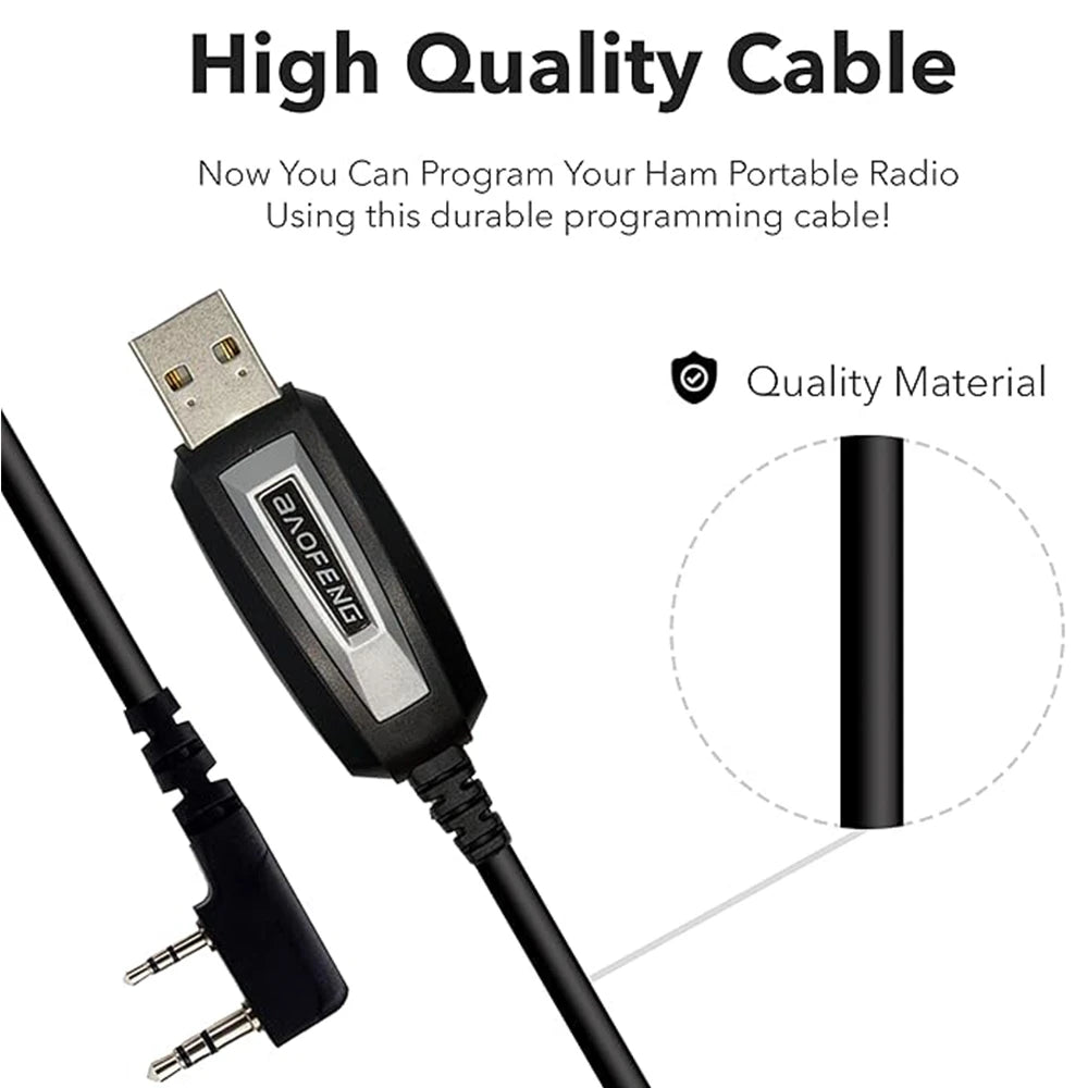 Seitenansicht des Baofeng USB-Programmierkabels mit Fokus auf die langlebigen Anschlüsse für Funkgeräte.