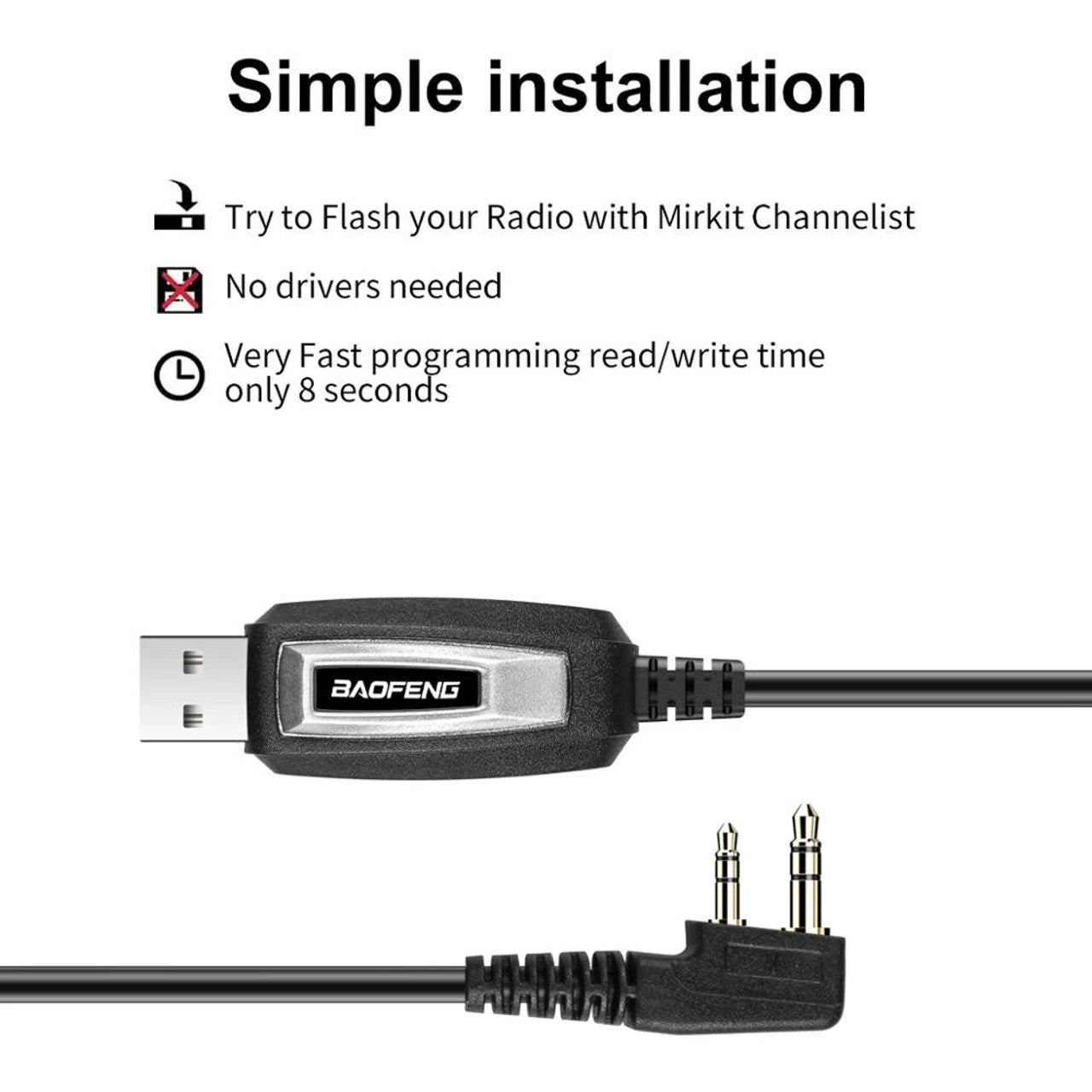 Nahaufnahme des Original Baofeng USB-Programmierkabels mit zwei Stift-Anschlüssen, kompatibel mit Baofeng Funkgeräten.