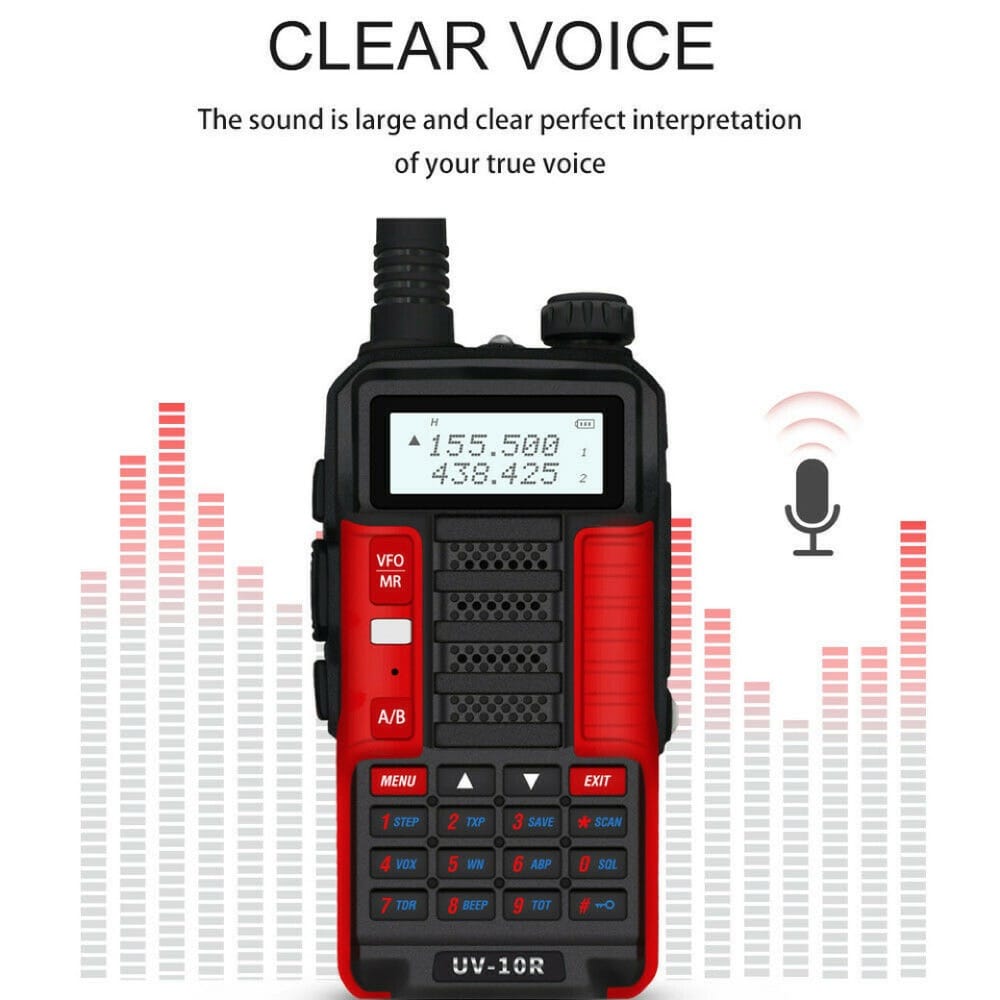 Baofeng UV-10R Dualband Walkie-Talkie mit klarem Sprachbild, das hervorragende Klangqualität für Kommunikation gewährleistet.