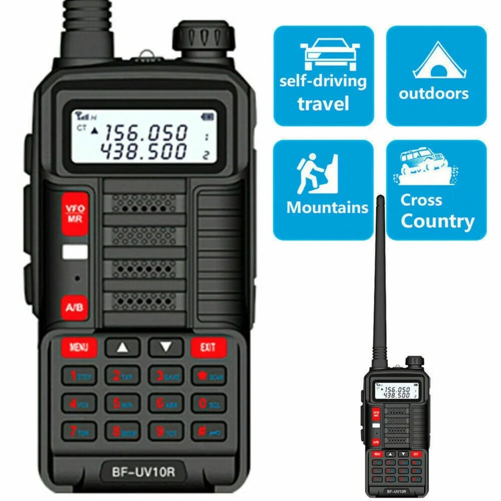 Baofeng UV-10R Dualband Walkie-Talkie  mit Symbolen für verschiedene Anwendungen: Autofahrten, Outdoor, Berge und Cross Country.