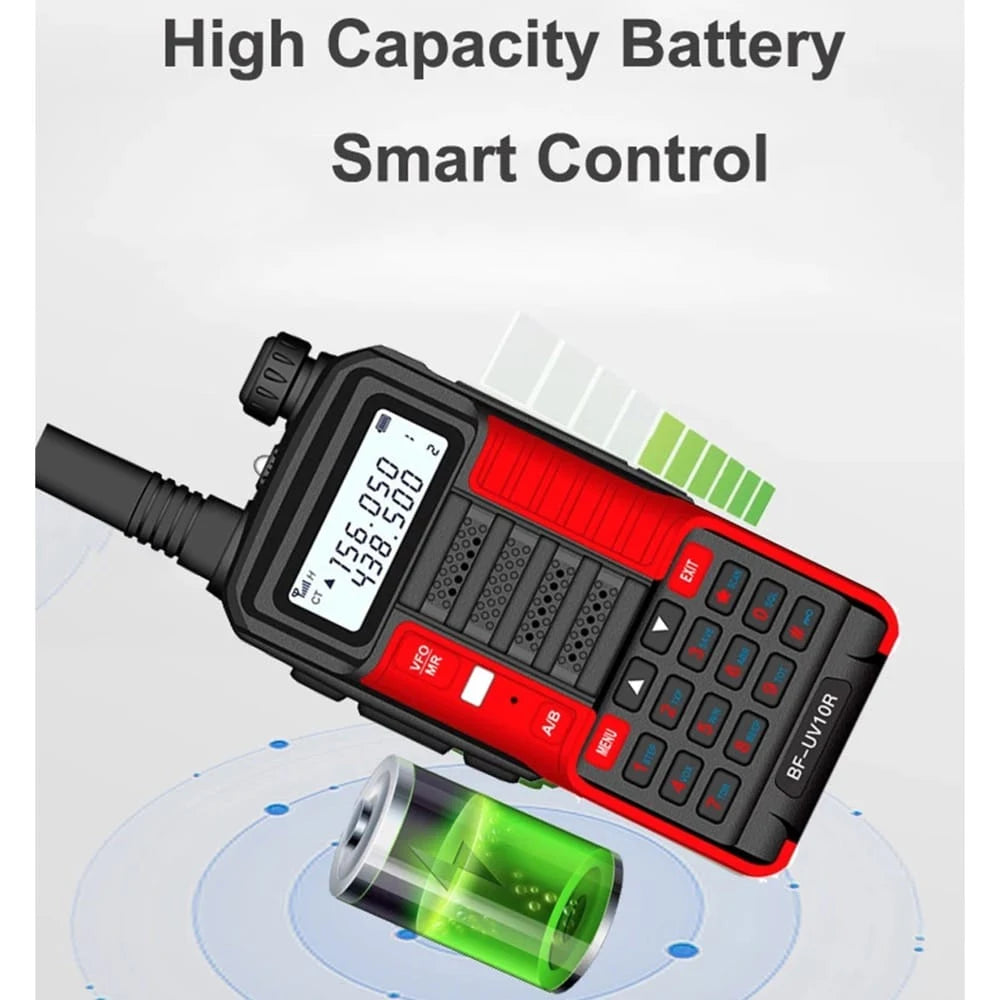 Baofeng UV-10R Dualband Walkie-Talkie (Rot-Schwarz) mit Darstellung einer Hochleistungsbatterie und intelligenter Steuerung für lange Betriebszeiten.