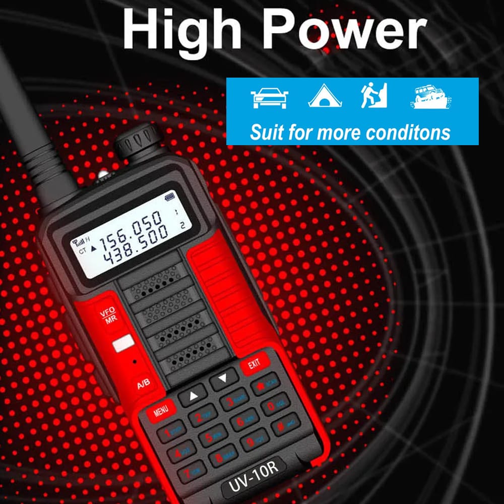 Baofeng UV-10R Dualband Walkie-Talkie (Rot) mit hoher Sendeleistung, geeignet für vielfältige Bedingungen wie Autofahren, Camping und Offroad.