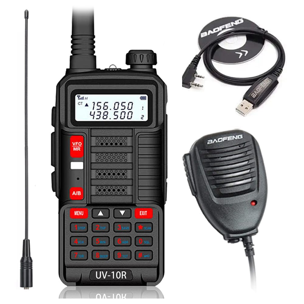 Baofeng UV-10R Dualband Funkgerät (10W, Schwarz) mit Lautsprechermikrofon, Programmierkabel und NA-771 Antenne für erweiterte Reichweite