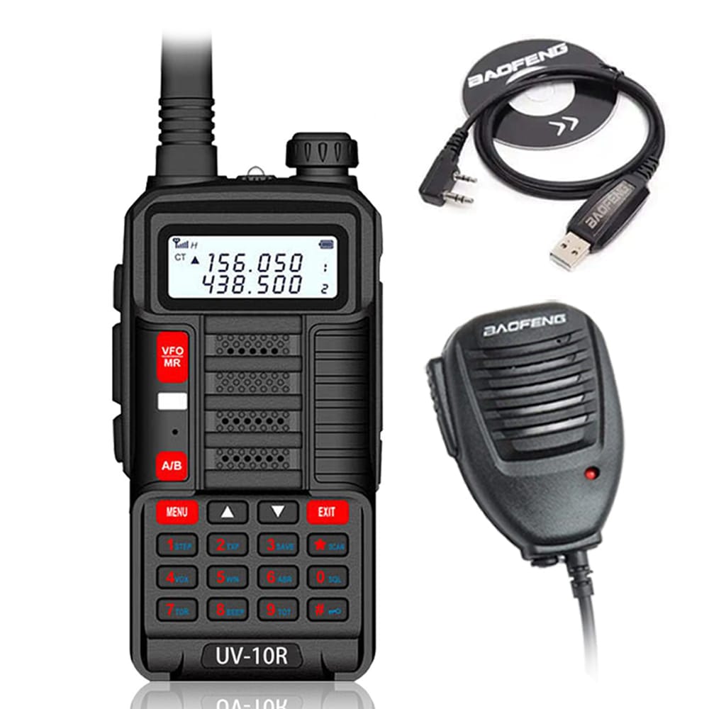 Baofeng UV-10R Dualband Walkie-Talkie (10W, Schwarz) mit Lautsprechermikrofon und Programmierkabel für Langstreckenkommunikation