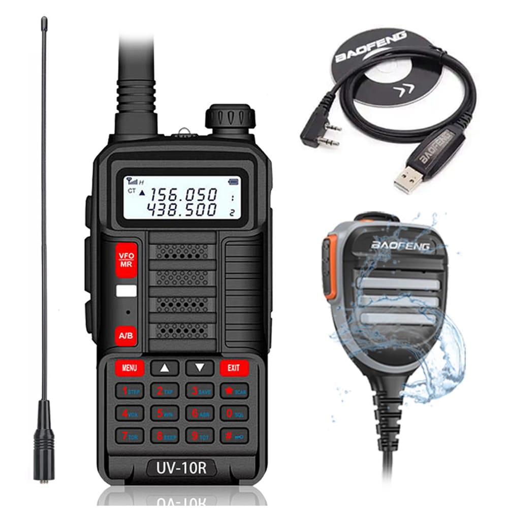 Baofeng UV-10R Dualband Funkgerät (10W, Schwarz) mit wasserdichtem Lautsprechermikrofon, Programmierkabel und NA-771 Antenne