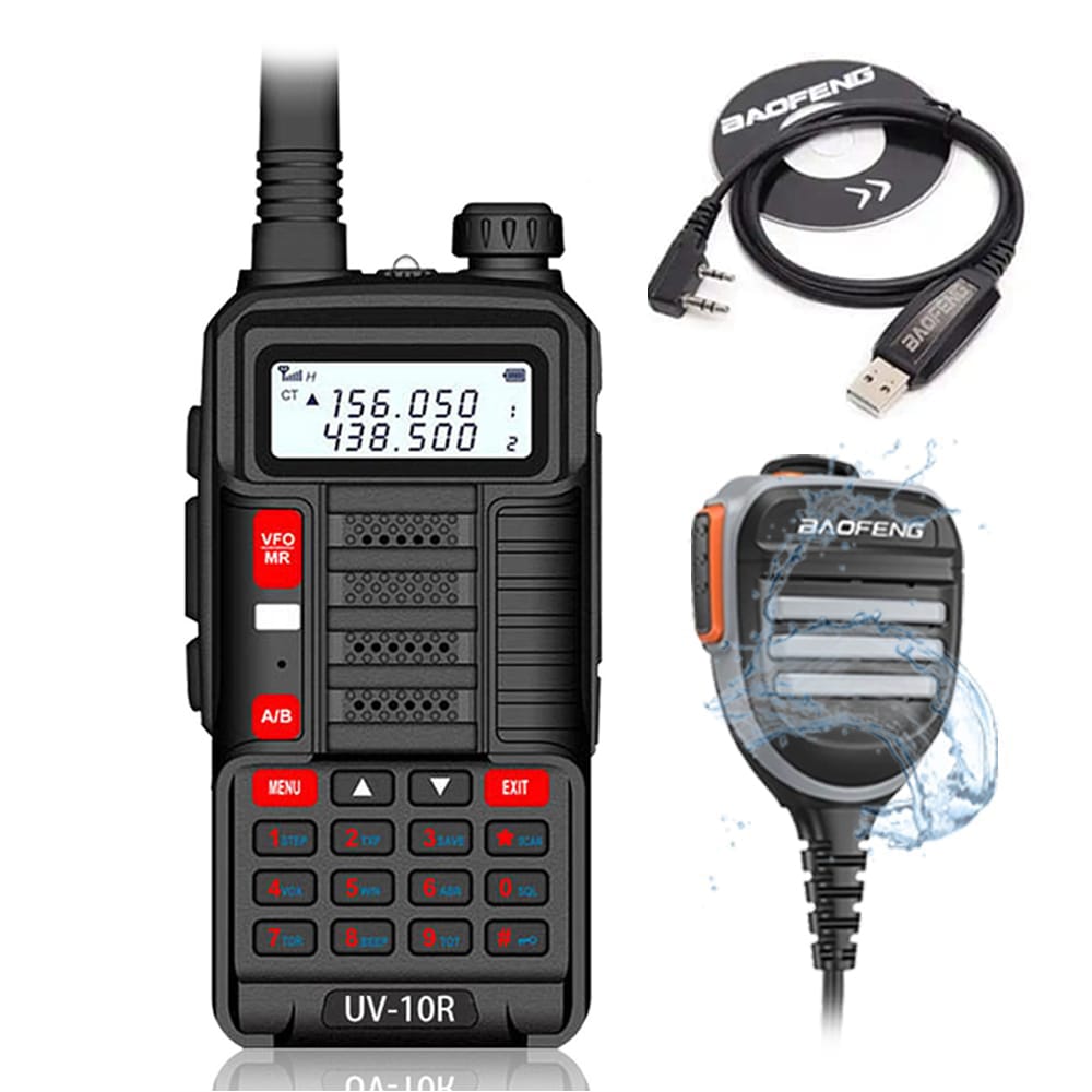 Baofeng UV-10R Dualband Funkgerät (10W Schwarz) mit wasserdichtem Lautsprechermikrofon und Programmierkabel