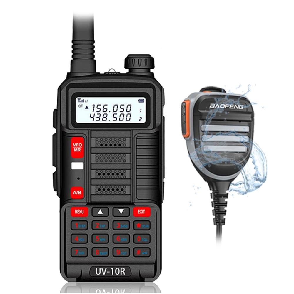 Baofeng UV-10R Dualband Walkie-Talkie (10W, Schwarz) mit spritzwassergeschütztem Lautsprechermikrofon für Outdoor-Einsatz