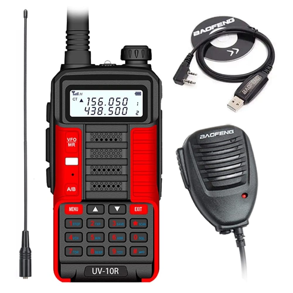 Baofeng UV-10R Dualband Funkgerät (10W, Rot) mit Lautsprechermikrofon, Programmierkabel und NA-771 Antenne für erweiterte Reichweite