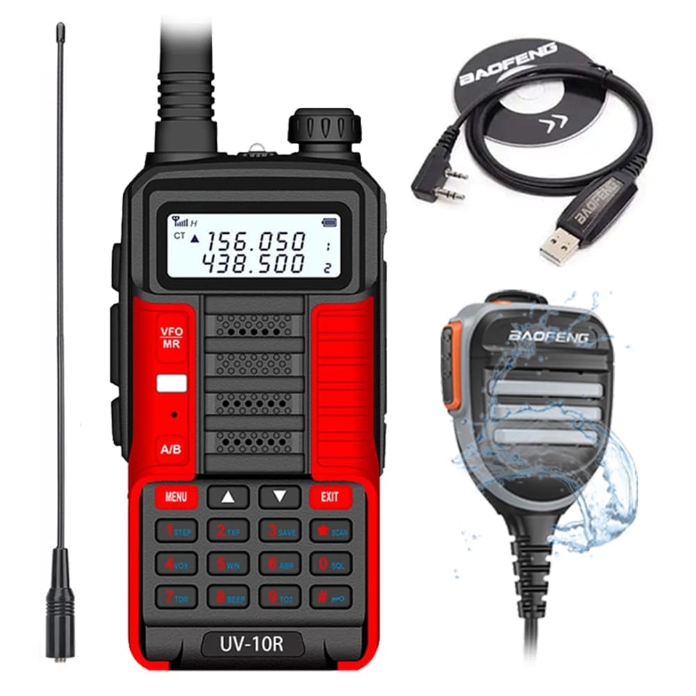 Baofeng UV-10R Dualband Funkgerät (10W, Rot) mit wasserdichtem Lautsprechermikrofon, Programmierkabel und NA-771 Antenne