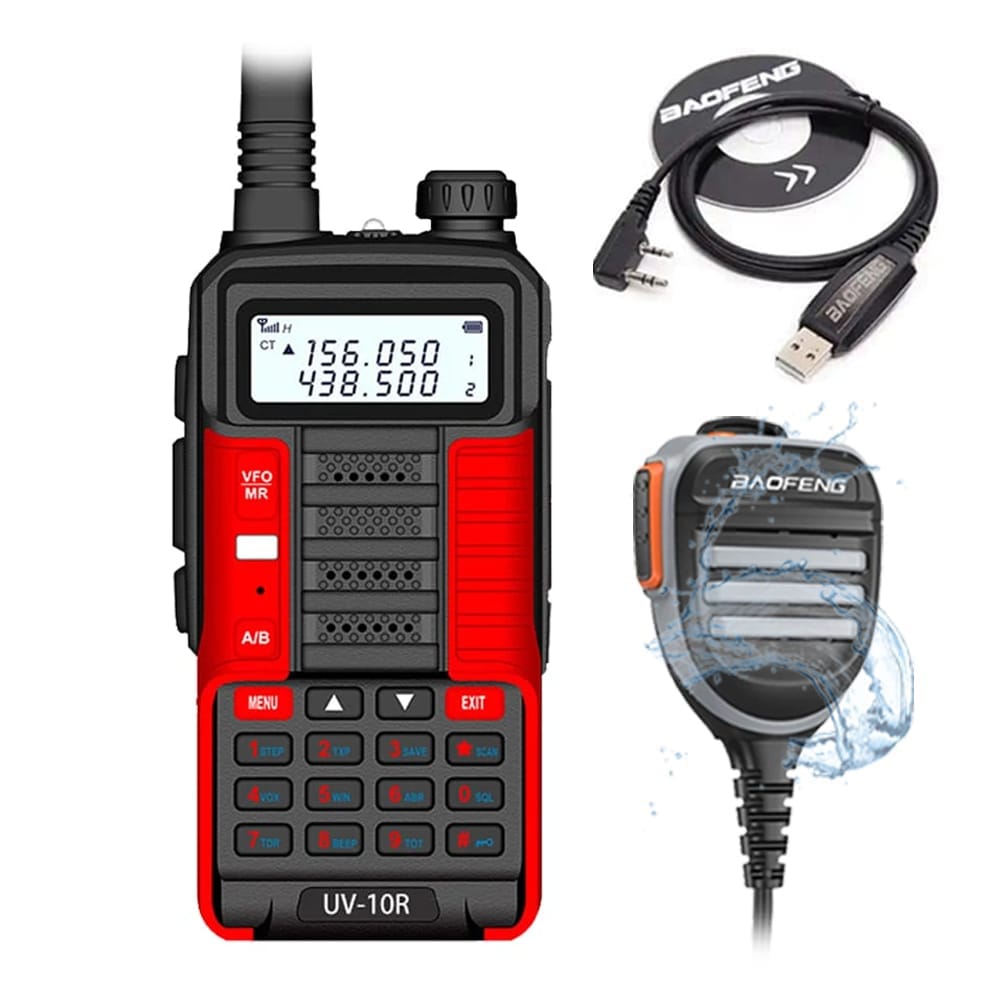 Rotes Baofeng UV-10R Dualband Funkgerät (10W) mit wasserdichtem Lautsprechermikrofon und Programmierkabel