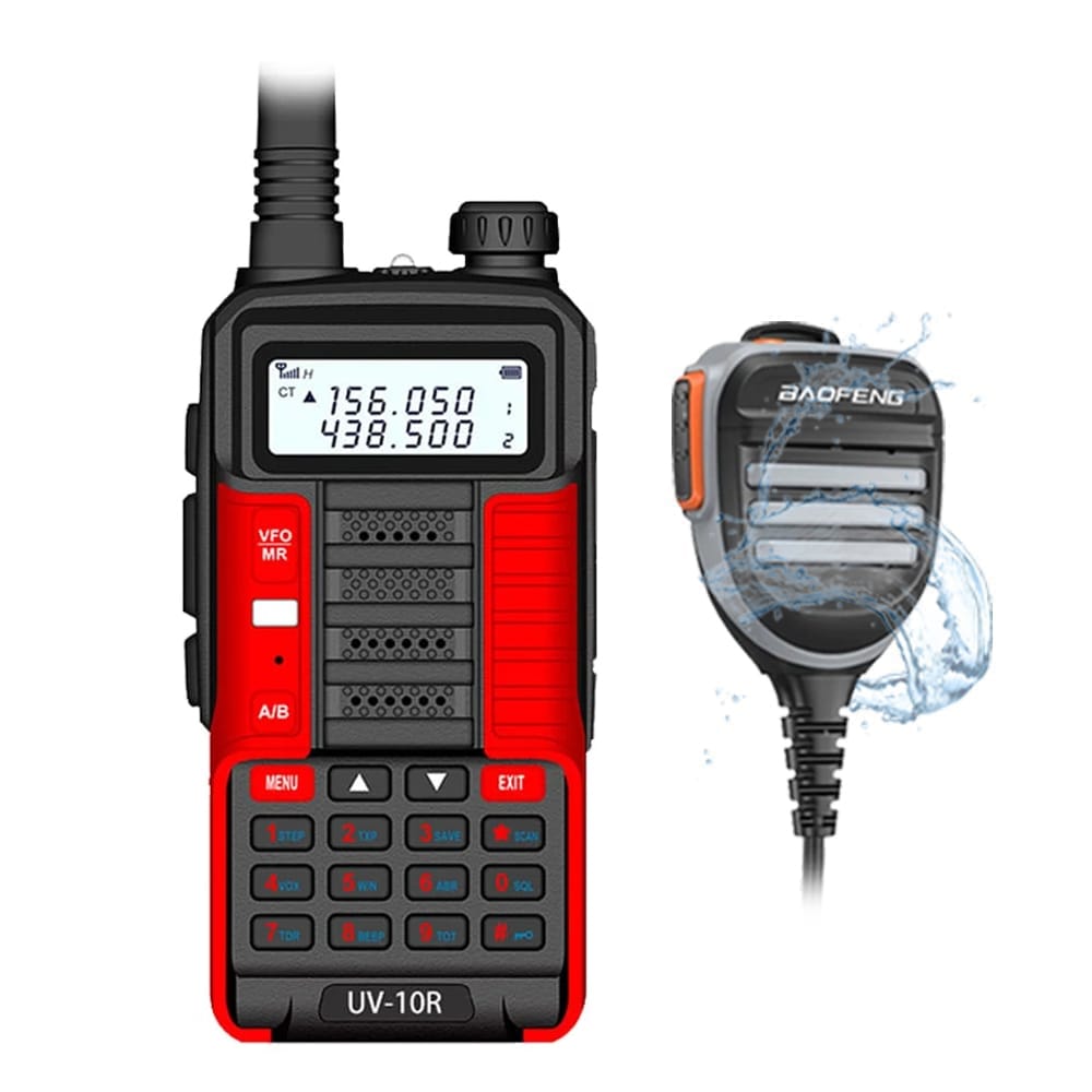 Baofeng UV-10R Dualband Walkie-Talkie (10W, Rot) mit spritzwassergeschütztem Lautsprechermikrofon für Outdoor-Einsatz