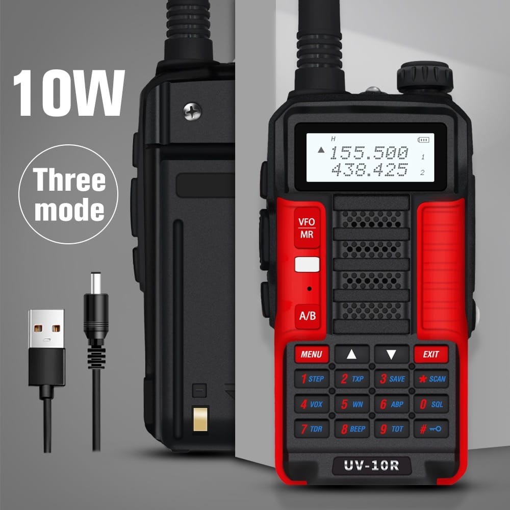 Baofeng UV-10R Dualband Walkie-Talkie mit 10W Leistung und drei Betriebsmodi, inklusive USB-Ladeanschluss.