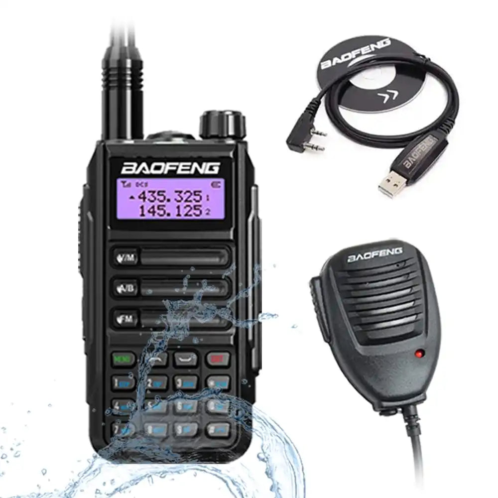 Baofeng UV-16 Pro V2 10W IP68 wasserdichtes Dualband Funkgerät Sschwarz mit Programmierkabel und externem Lautsprechermikrofon