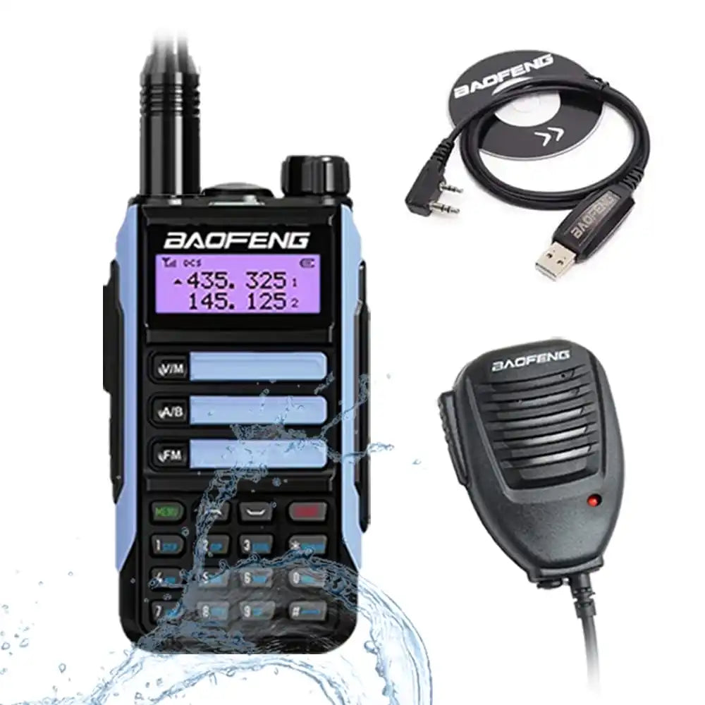 Baofeng UV-16 Pro V2 10W IP68 wasserdichtes Dualband Funkgerät Blau mit Programmierkabel und externem Lautsprechermikrofon