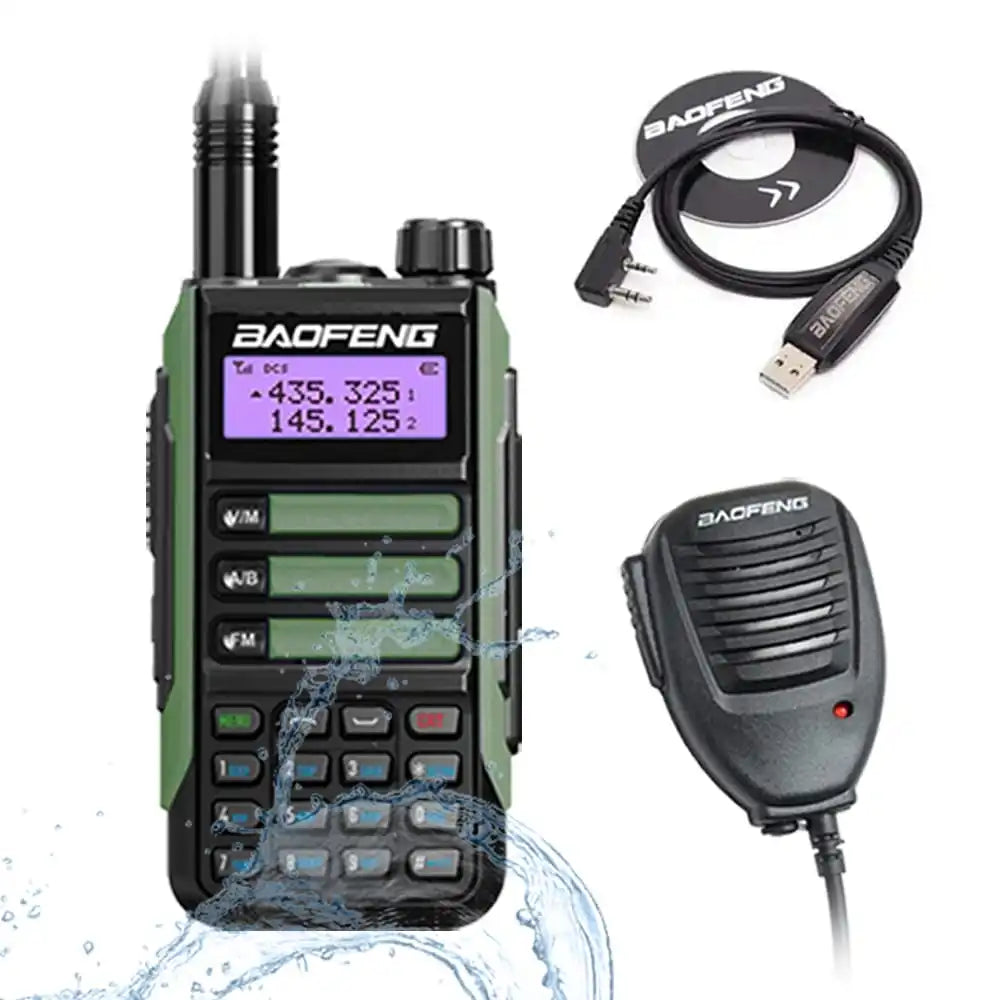 Baofeng UV-16 Pro V2 10W IP68 wasserdichtes Dualband Funkgerät mit Grün Programmierkabel und externem Lautsprechermikrofon