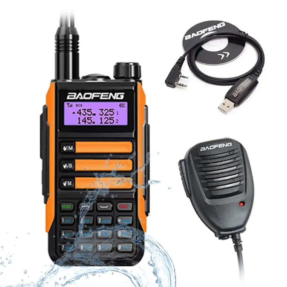 Baofeng UV-16 Pro V2 10W IP68 wasserdichtes Dualband Funkgerät Orange mit Programmierkabel und externem Lautsprechermikrofon