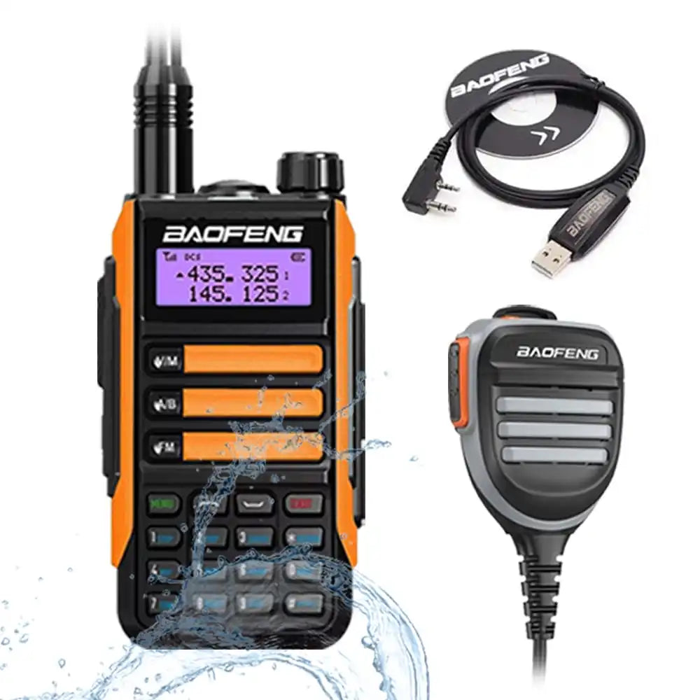Baofeng UV-16 Pro V2 10W IP68 wasserdichtes Dualband Funkgerät Orange mit Programmierkabel und wasserdichtem externen Lautsprechermikrofon