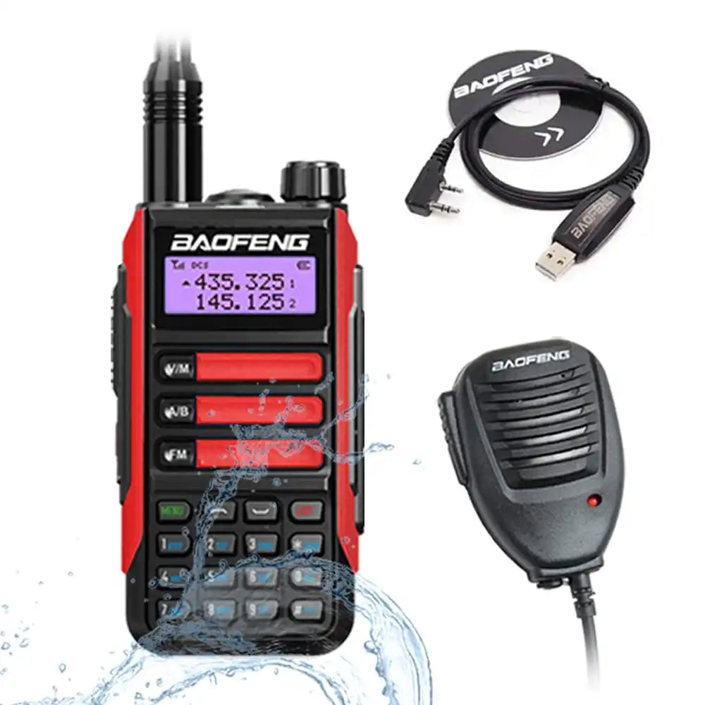 Baofeng UV-16 Pro V2 10W IP68 wasserdichtes Dualband Funkgerät Rot mit Programmierkabel und externem Lautsprechermikrofon