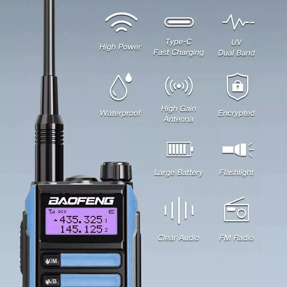Baofeng UV-16 Pro IP68 wasserdichtes Dualband Walkie-Talkie mit Piktogrammen für hohe Leistung, Typ-C Schnellladung, Wasserdichtigkeit, High-Gain Antenne, Verschlüsselung, großen Akku, Taschenlampe, klare Audioqualität und FM-Radio.