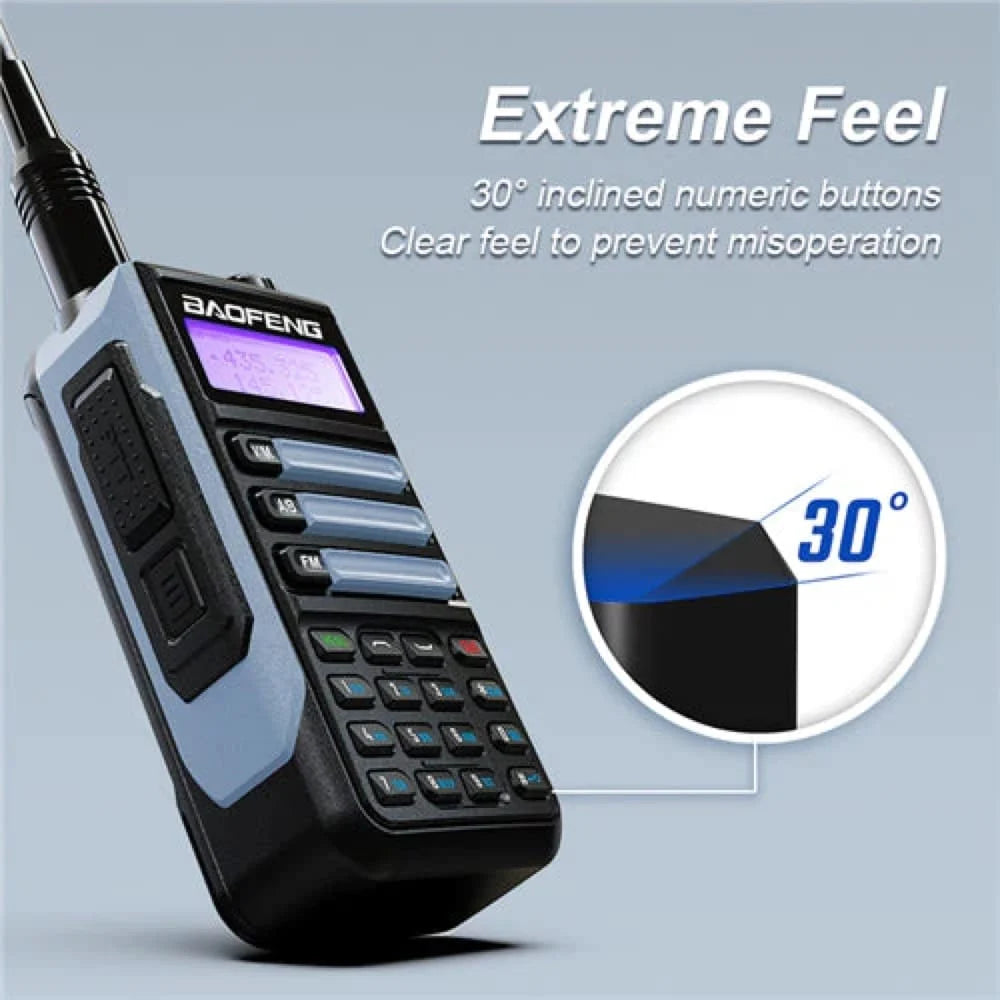 Baofeng UV-16 Pro IP68 Walkie-Talkie, das den hoch-elastischen PTT-Knopf und die 30° geneigten Zifferntasten für extreme Haptik und präzise Bedienung hervorhebt.