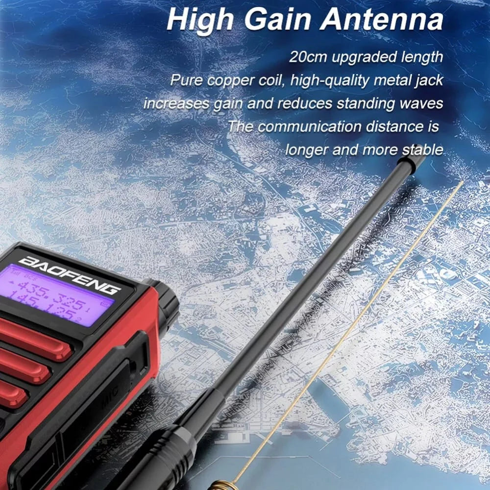 Baofeng UV-16 Pro IP68 Walkie-Talkie mit detaillierter Ansicht der 20cm High-Gain Antenne aus reinem Kupfer für längere und stabilere Kommunikation.