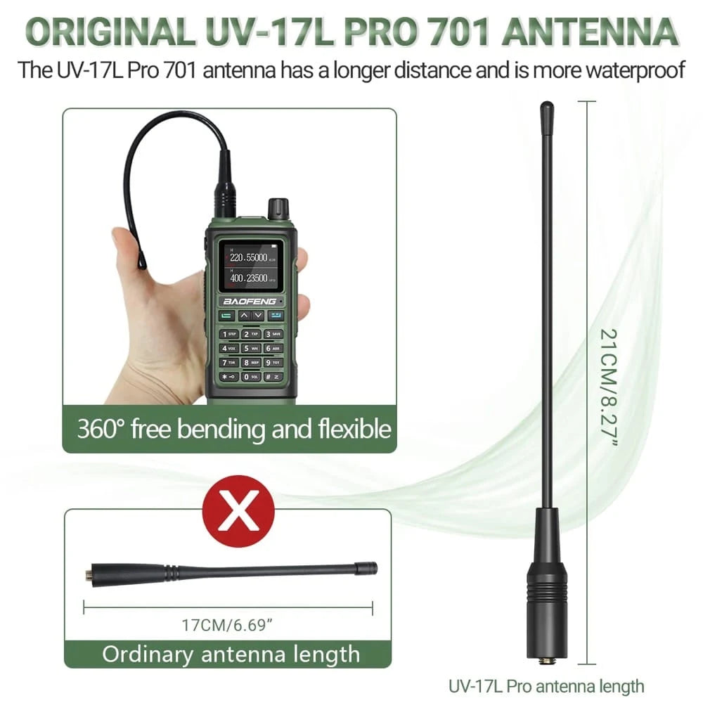 Vergleich der originalen flexiblen UV-17L Pro 701 Antenne (21cm) des Baofeng UV-17 Pro mit einer Standardantenne (17cm)