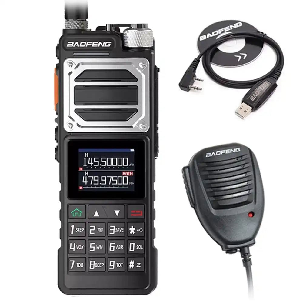 Baofeng UV-25 10W Militär-Funkgerät Schwarz mit Programmierkabel und Lautsprechermikrofon für taktische Kommunikation.