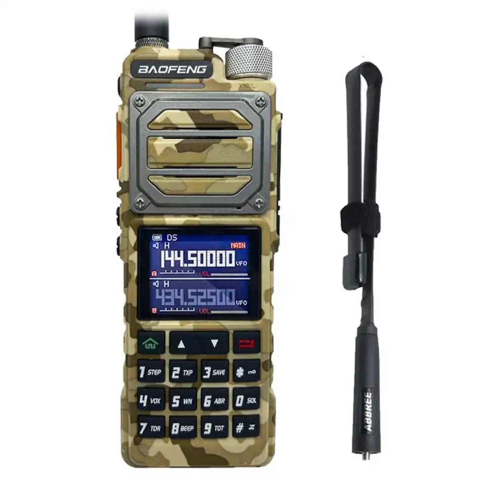 Baofeng UV-25 10W Militär-Walkie-Talkie in Tarnung mit 47 cm taktischer Antenne.