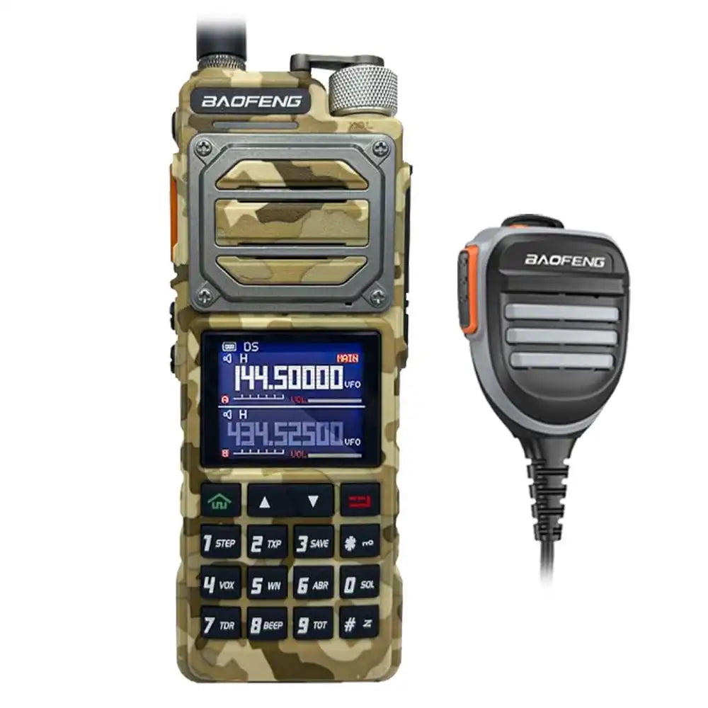 Baofeng UV-25 10W military walkie-talkie in camouflage with waterproof speaker and microphone.