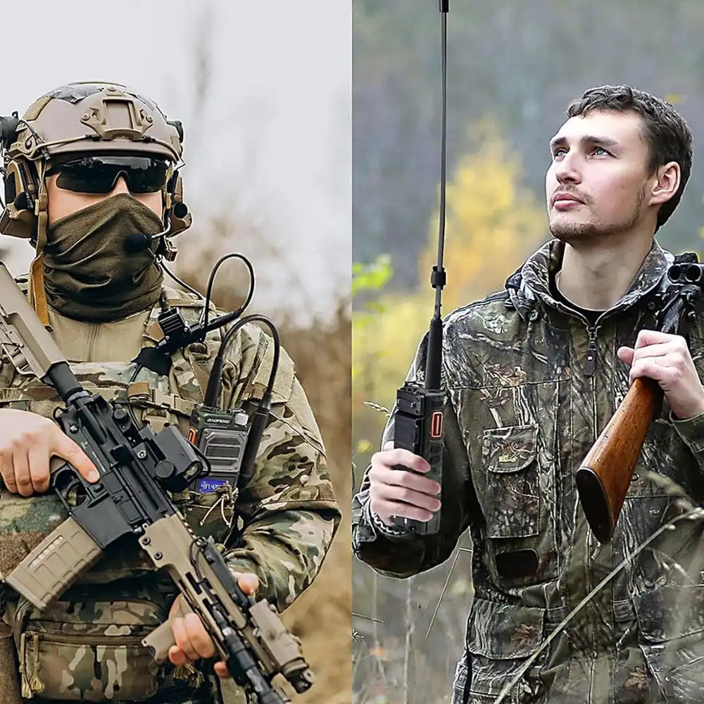 Baofeng UV-25 10W taktisches Walkie-Talkie im Einsatz: Ein Soldat mit Ausrüstung und ein Jäger im Wald demonstrieren die militärische und Outdoor-Nutzung des Funkgeräts.