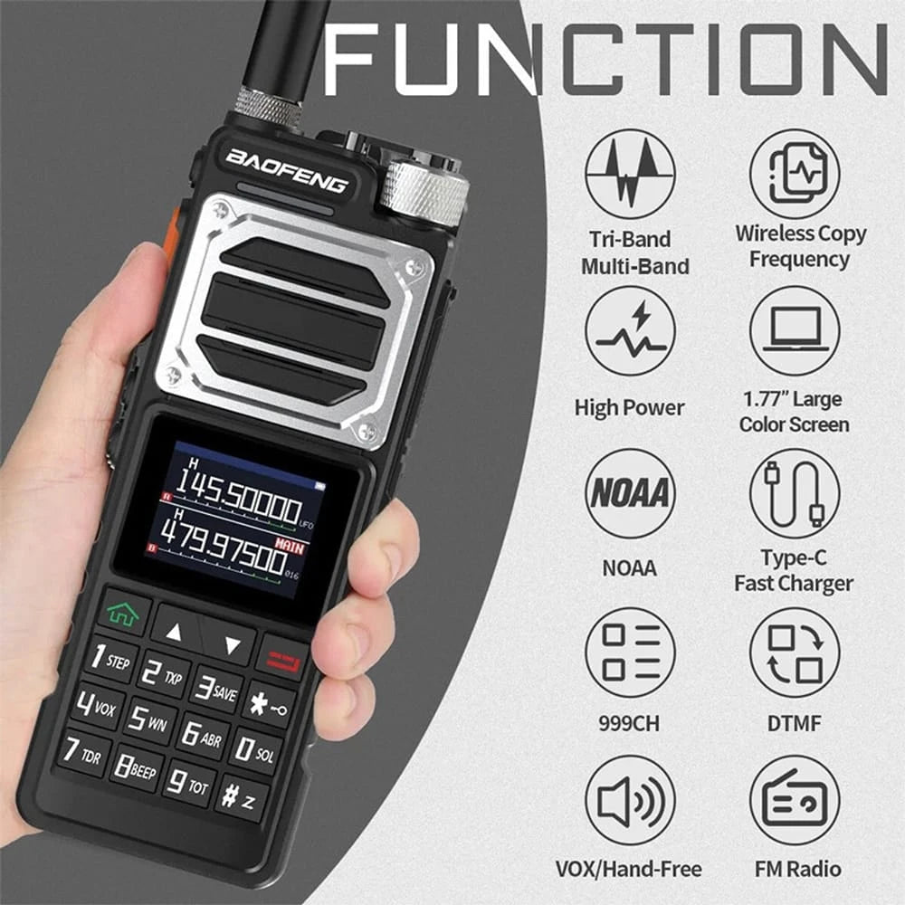 Baofeng UV-25 Walkie-Talkie in der Hand, umgeben von Icons, die seine Hauptfunktionen wie Tri-Band, drahtlose Frequenzkopie, hohe Leistung und 1,77-Zoll-Farbdisplay darstellen.
