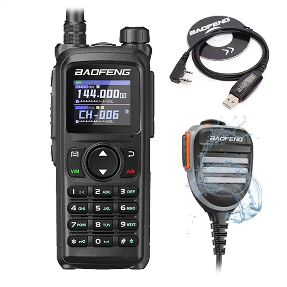 Baofeng UV-28 Pro GPS Bluetooth 10W Funkgerät mit wasserdichtem Lautsprechermikrofon und Programmierkabel.