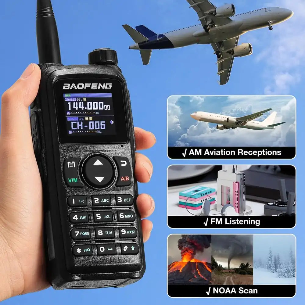 Baofeng UV-28 Pro Funkgerät mit Empfang für Flugfunk (AM Aviation), FM-Radio und NOAA Wetterwarnungen.