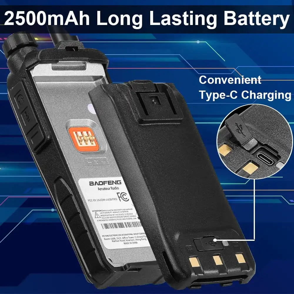 Baofeng UV-28 Pro Funkgerät mit 2500mAh langlebigem Akku und praktischer Type-C Ladeoption.
