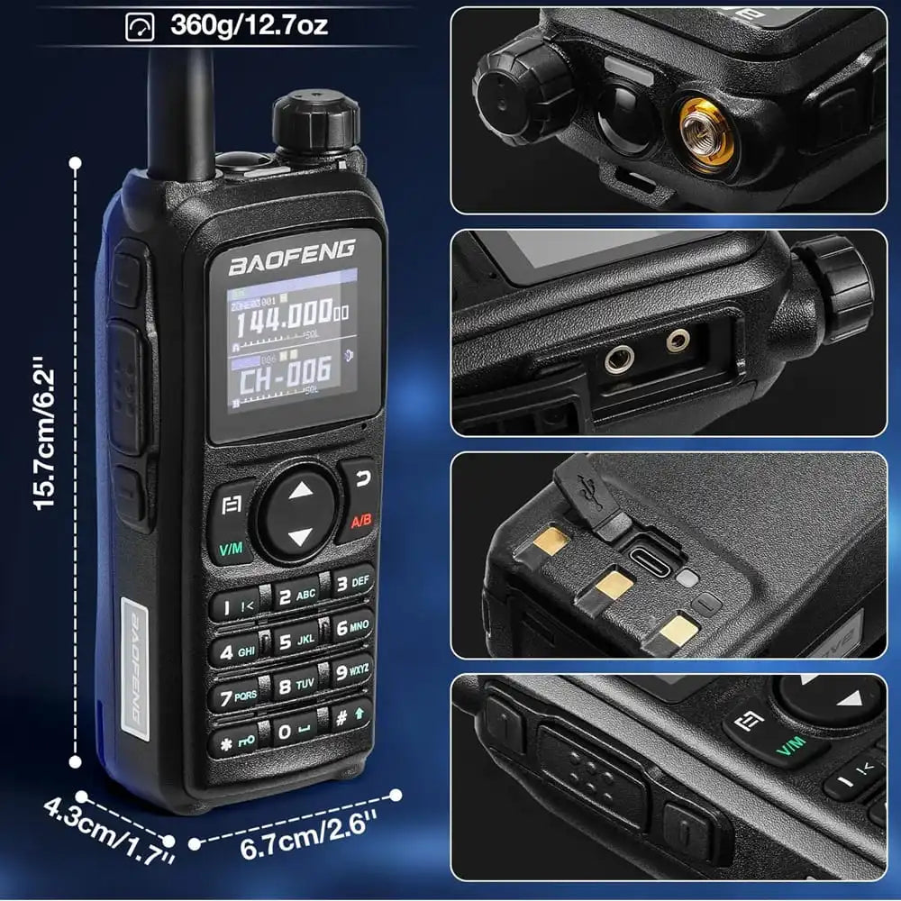 Abmessungen und Detailansichten des Baofeng UV-28 Pro 10W GPS Bluetooth Funkgeräts, 15.7cm hoch, 6.7cm breit, 4.3cm tief.