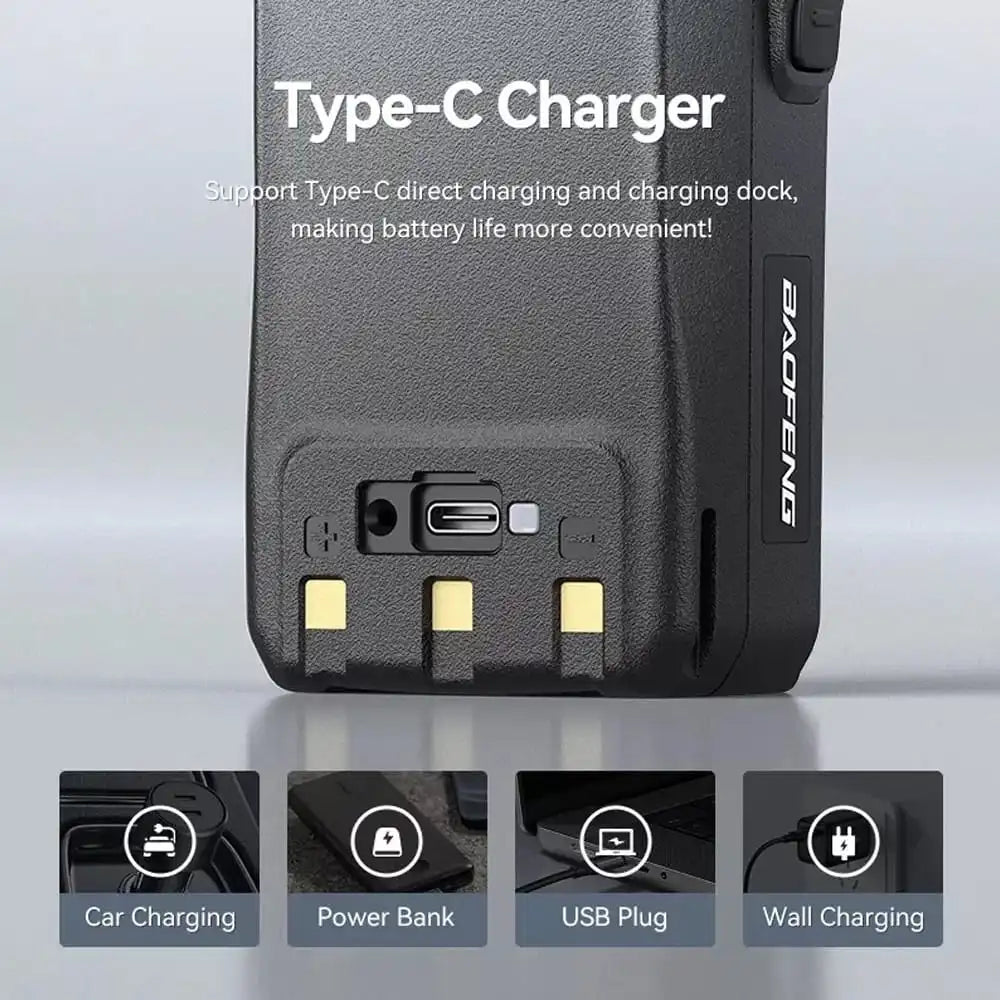 Ladeoptionen des Baofeng UV-28 Pro Walkie-Talkies mit Type-C, Autoladung, Powerbank und Wandsteckdose.