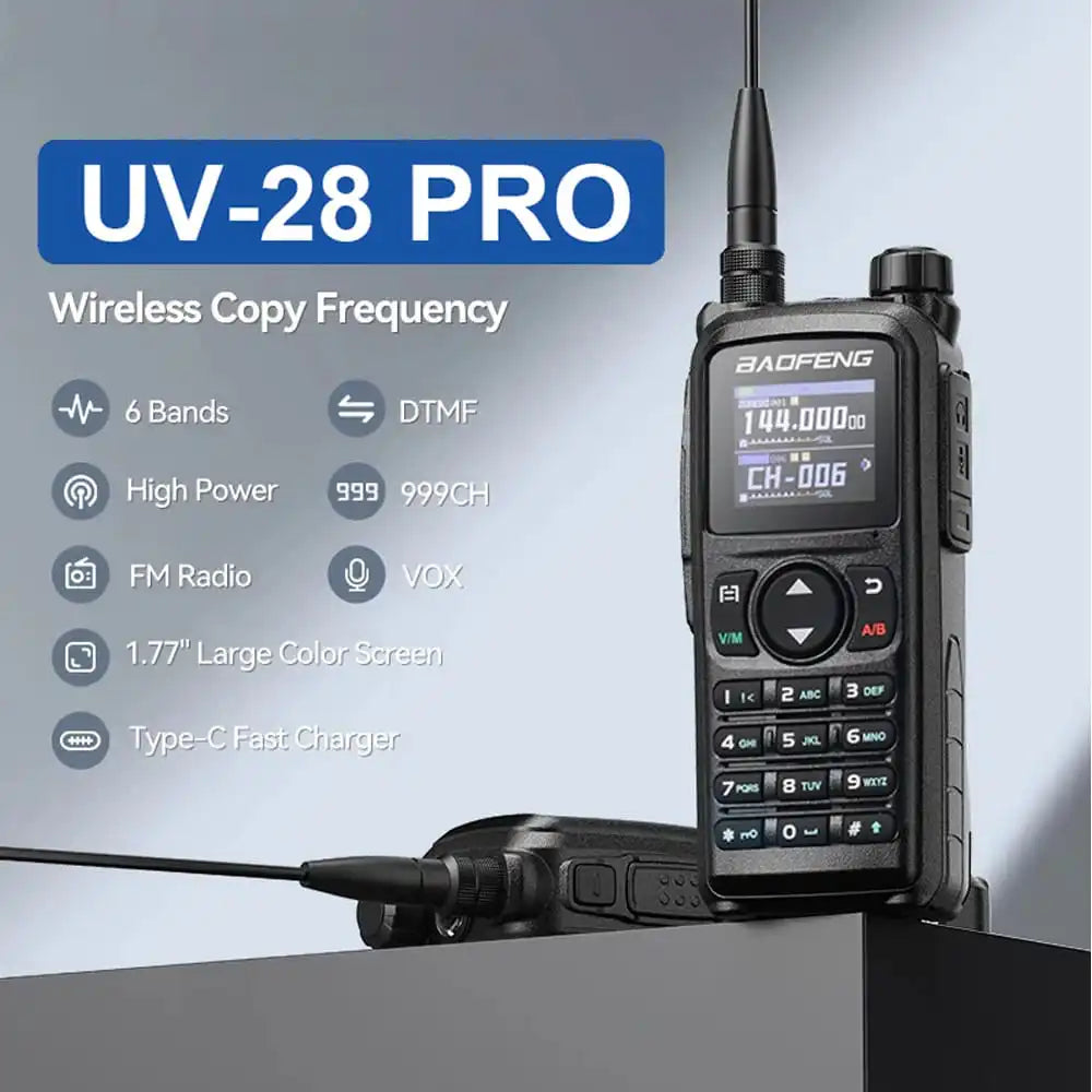 Spezifikationen des Baofeng UV-28 Pro Funkgeräts: 6 Bänder, DTMF, hohe Leistung, 999 Kanäle, FM-Radio, VOX, 1.77 Zoll Farbdisplay, Type-C Ladeanschluss.