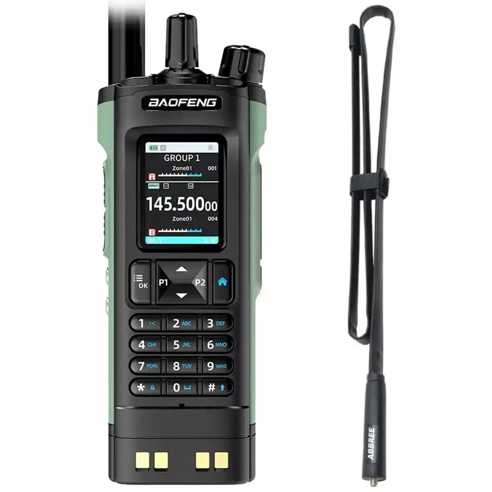 Baofeng UV-32 10W GPS Walkie-Talkie in Grün mit Bluetooth-Programmierung und einer 108 cm CS Tactical Antenne für maximale Reichweite.