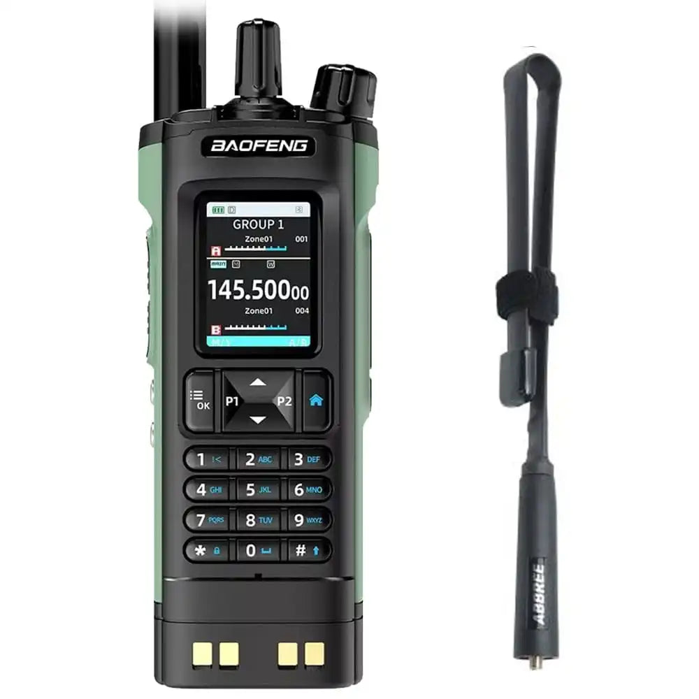 Baofeng UV-32 10W GPS Multiband-Funkgerät in Grün mit Bluetooth-Programmierung und einer 47 cm CS Tactical Antenne.