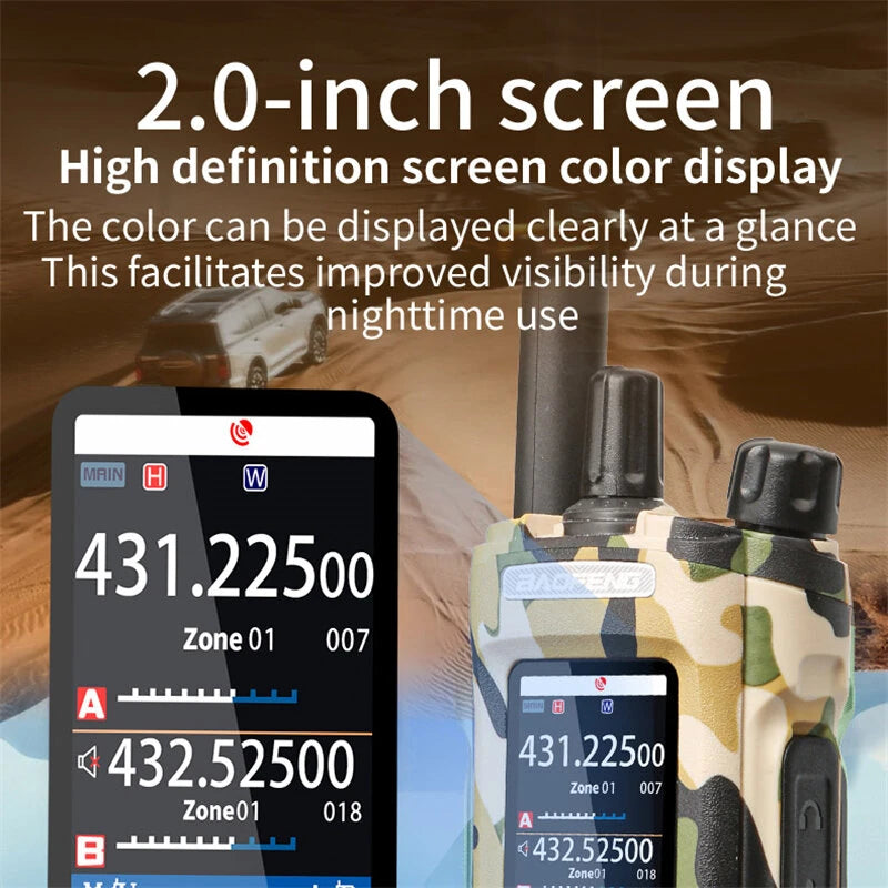 Prominent display of the Baofeng UV-32 GPS Walkie Talkie in camouflage, highlighting its 2.0-inch high-definition color screen. The vibrant display ensures clear visibility of frequencies (e.g., 431.22500) and other information, significantly improving nighttime use for this 10W multi-band radio.