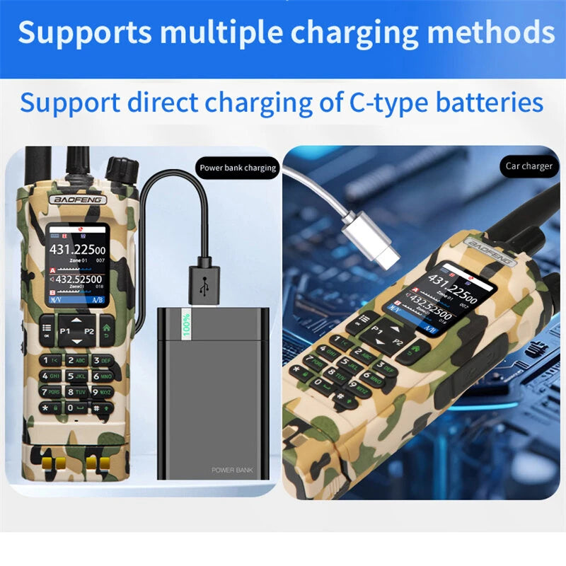 Das Baofeng UV-32 GPS-Walkie-Talkie in Camouflage wird über eine Powerbank und ein Autoladegerät aufgeladen und demonstriert seine vielseitigen USB-Typ-C-Direktladefunktionen. Dieses 10-W-Multiband-Funkgerät Das Funkgerät bietet praktische Stromversorgungslösungen für unterwegs und zuverlässigen Einsatz über große Entfernungen.