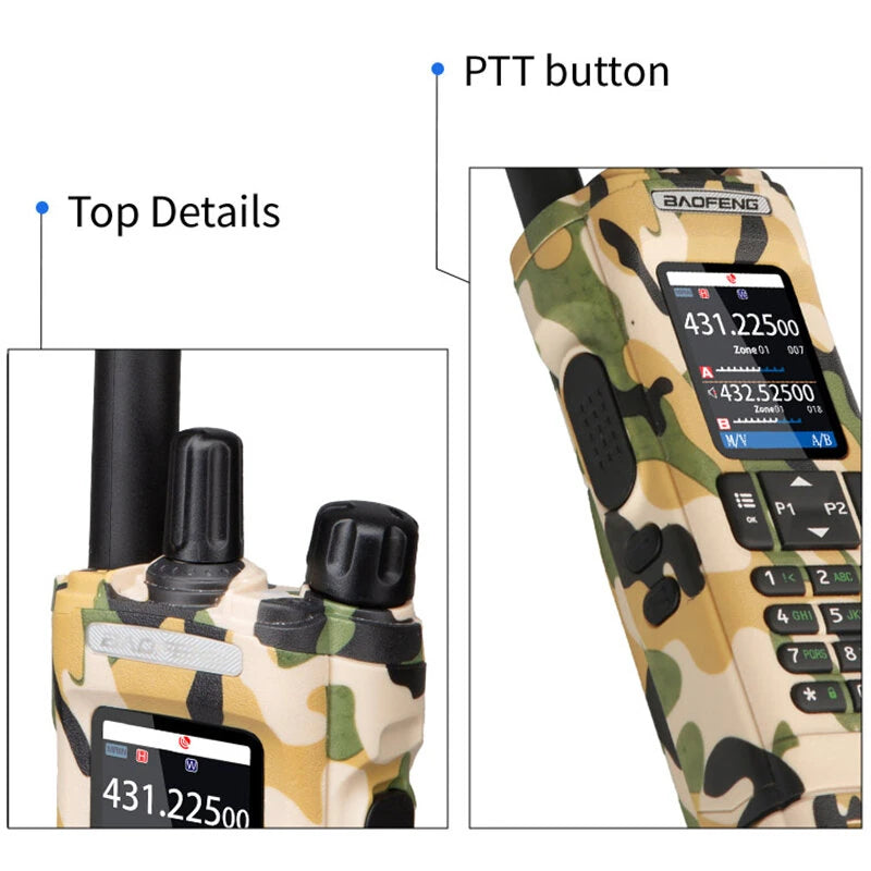 Detaillierte Nahaufnahme des Baofeng UV-32 GPS-Walkie-Talkies in Camouflage. Hervorzuheben sind die ergonomische PTT-Taste und das übersichtliche 2,0-Zoll-Farbdisplay mit der Frequenz 431.22500. Dieses 10-W-Multiband-Funkgerät verfügt über Bluetooth-Programmierung und ist für eine robuste Amateurfunkkommunikation über große Entfernungen ausgelegt.