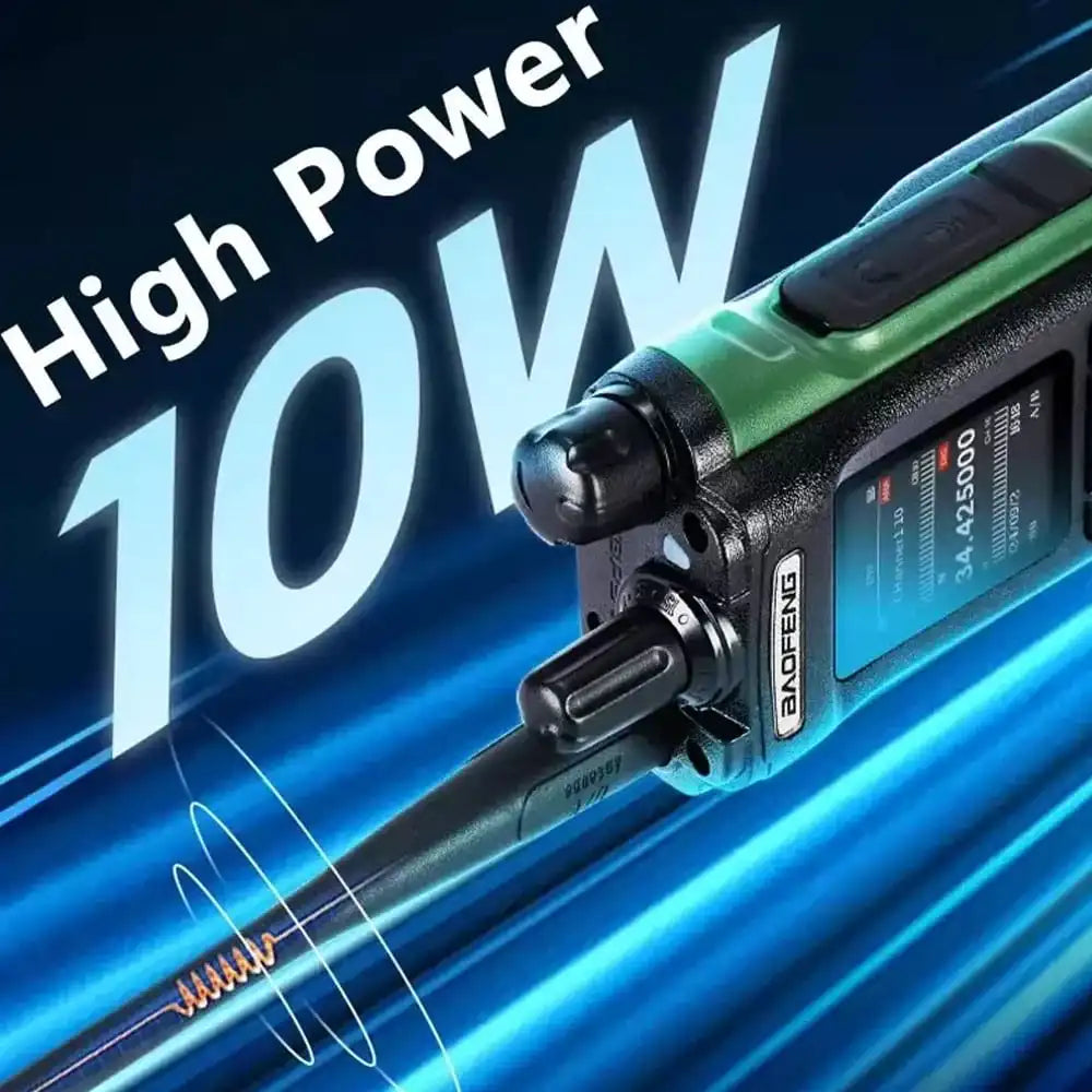 Dynamisches Bild, das die 10-Watt-Hochleistung des Baofeng UV-32 Walkie-Talkies hervorhebt. Die vom Gerät ausgehenden Funkwellen signalisieren die starke Übertragung und damit die große Reichweite. Perfekt für zuverlässige Ferngespräche.