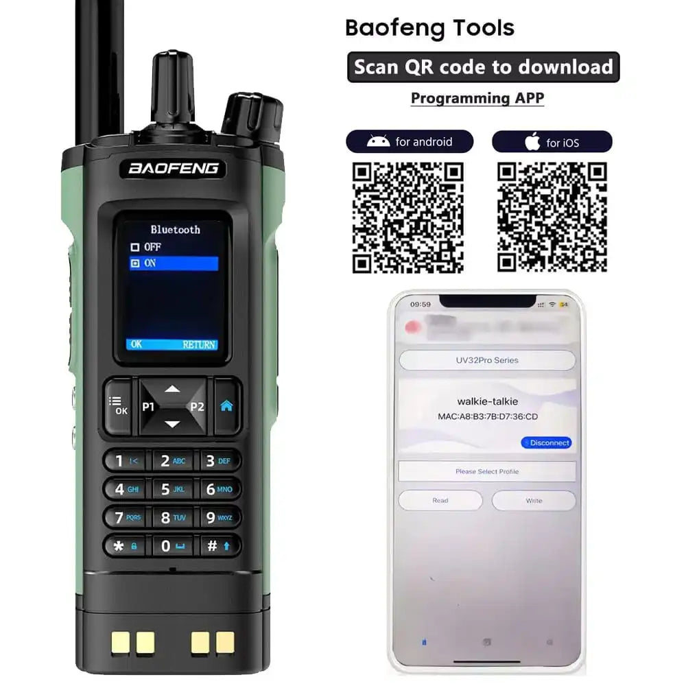 Baofeng UV-32 Walkie-Talkie mit der Anzeige „Bluetooth EIN“ auf dem Display. Neben einem Smartphone-Bildschirm wird die Baofeng Tools App zur Bluetooth-Programmierung mit QR-Codes für Android- und iOS-Downloads gezeigt. Unverzichtbar für die einfache Konfiguration und Verwaltung des Funkgeräts.
