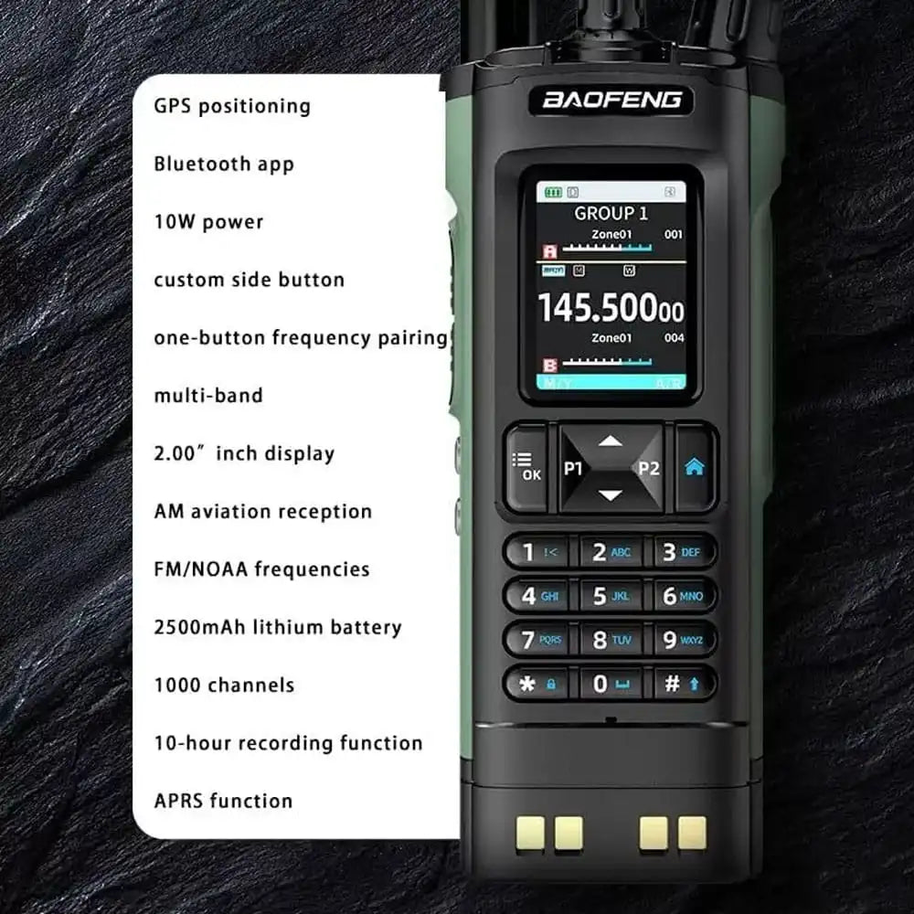 Baofeng UV-32 Walkie-Talkie mit einer Liste seiner wichtigsten Funktionen: GPS-Ortung, Bluetooth-App, 10 W Leistung, benutzerdefinierte Seitentaste, Frequenzpaarung per Knopfdruck, Multiband, 2,00-Zoll-Display, AM-Flugfunkempfang, FM/NOAA-Frequenzen, 2500-mAh-Lithium-Akku, 1000 Kanäle, 10-Stunden-Aufnahmefunktion und APRS-Funktion. Ein umfassender Überblick über die erweiterten Funktionen