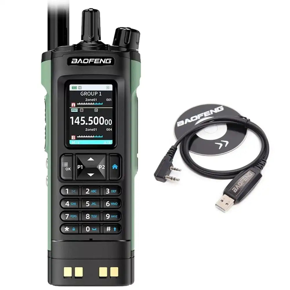Baofeng UV-32 GPS 10W Walkie-Talkie, Multiband-Zweiwege-Funkgerät in Grün mit Bluetooth-Programmierkabel.