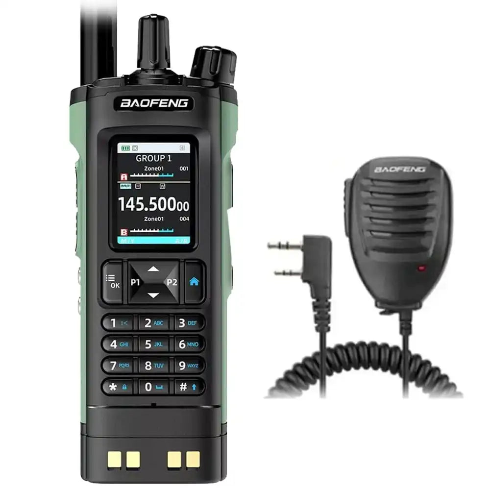 Baofeng UV-32 GPS 10W Funkgerät mit in Grün Bluetooth-Programmierung und Lautsprechermikrofon, ideal für robuste Anwendungen.