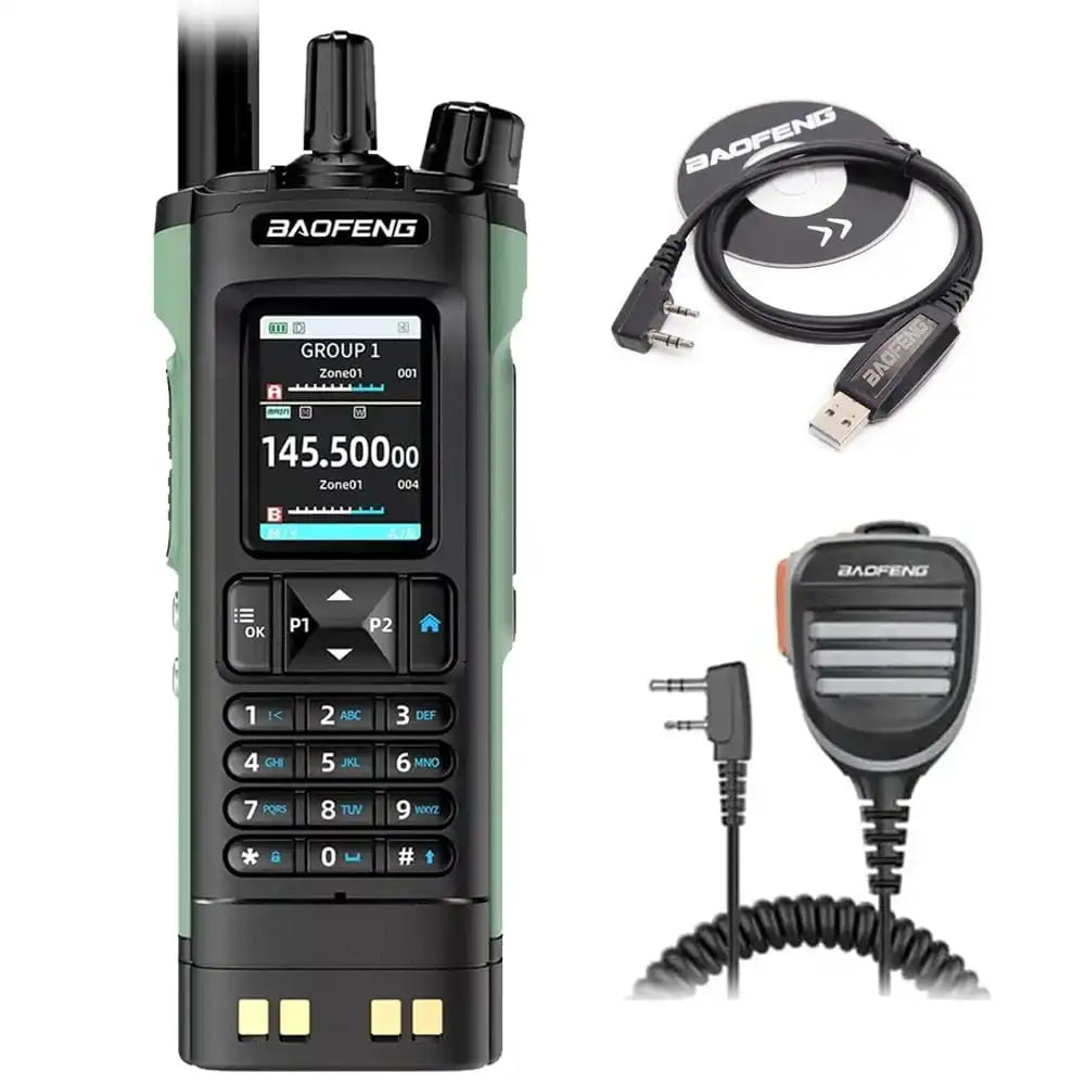 Baofeng UV-32 GPS 10W Walkie-Talkie in Grün mit Bluetooth-Programmierung, Multiband-Funktion, wasserdichtem Lautsprechermikrofon und Programmierkabel.