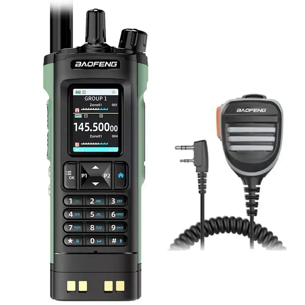 Baofeng UV-32 GPS 10W Funkgerät in Grün mit Bluetooth-Programmierung und wasserdichtem Lautsprechermikrofon, ideal für robuste Anwendungen.