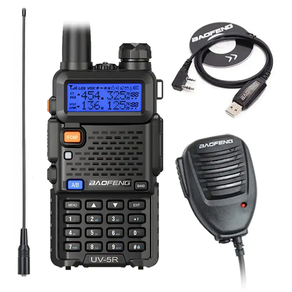 Professionelles Baofeng UV-5R Set: Schwarz, Lautsprechermikrofon, Programmierkabel und NA-771 Antenne